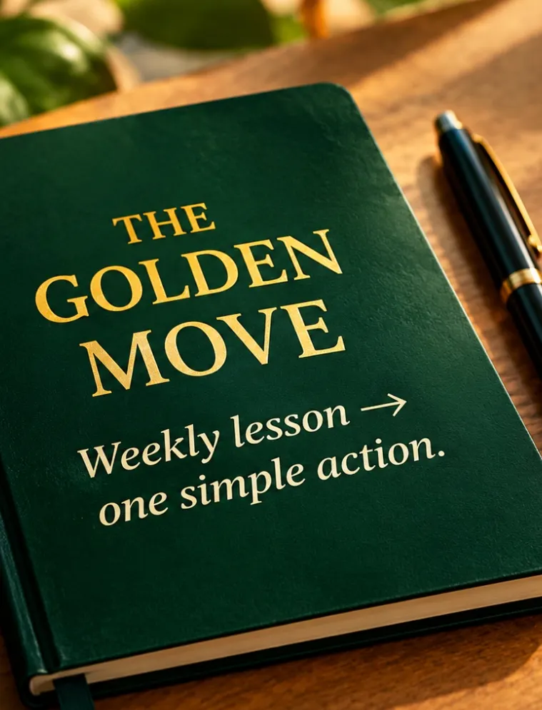 A green notebook titled The Golden Move: weekly lesson, one simple action