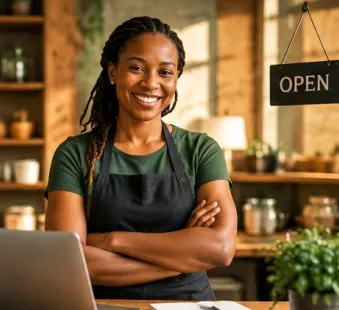 A small-business owner standing in her shop