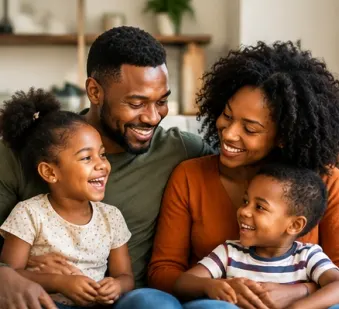 A family sitting together at home